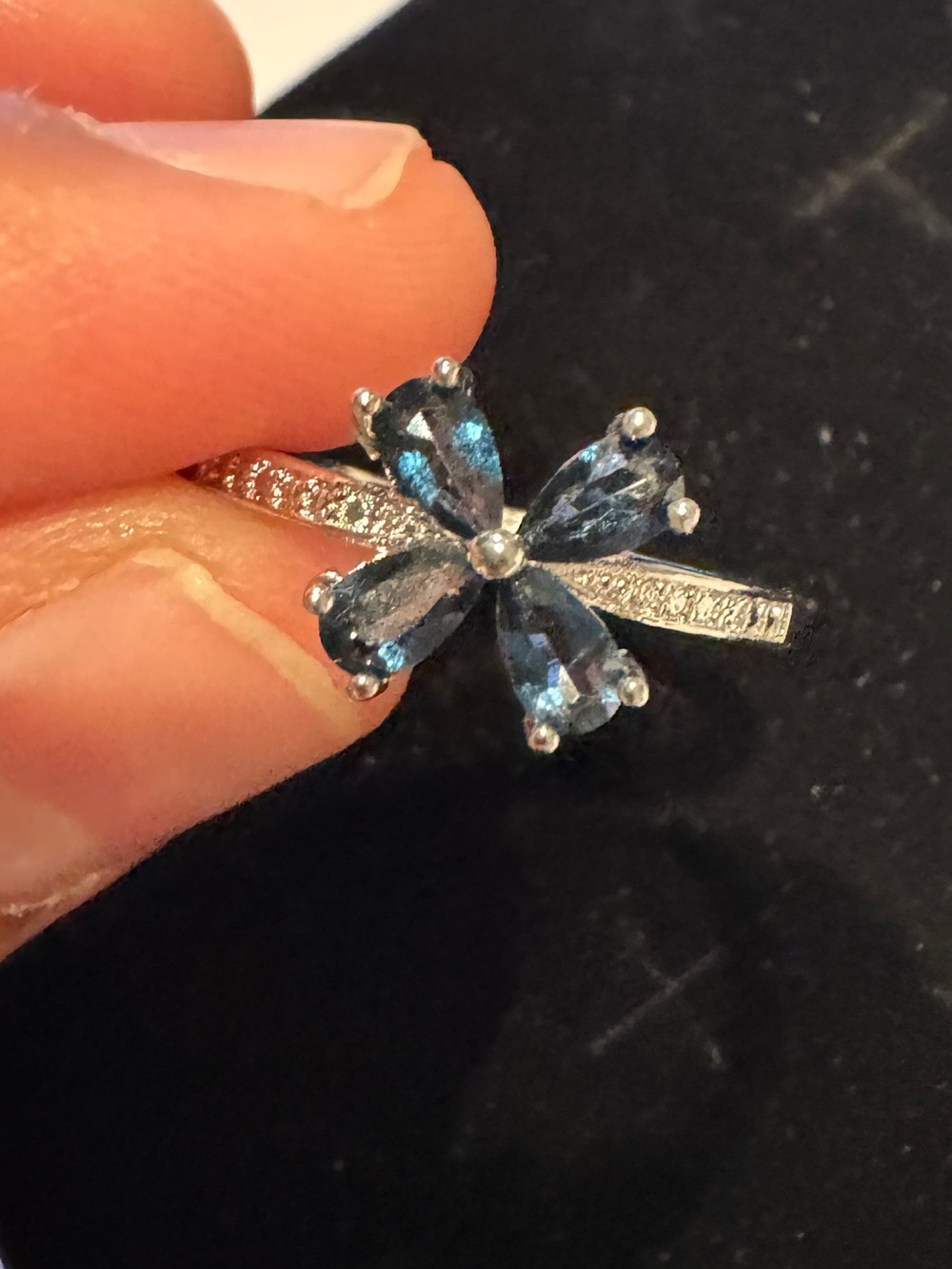 Blue Topaz Flower Ring with Pavé Accents adjustable size